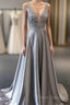 Beautiful Elegant Silver Grey Formal Prom Dress,Beaded Formal Gowns,V Neck Formal Dress,Special Occasion Dress