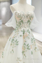 Beautiful Floral Lace Tulle Long Formal Prom Dress, White Off The Shoulder Formal Party Dress