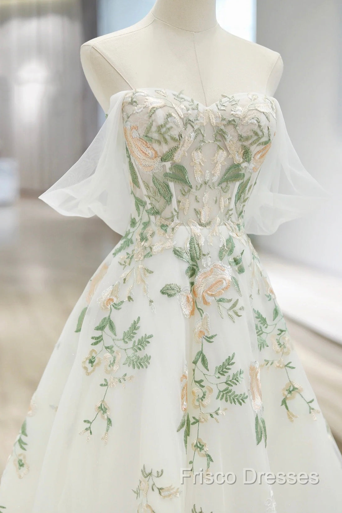 Beautiful Floral Lace Tulle Long Formal Prom Dress, White Off The Shoulder Formal Party Dress