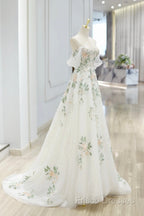 Beautiful Floral Lace Tulle Long Formal Prom Dress, White Off The Shoulder Formal Party Dress