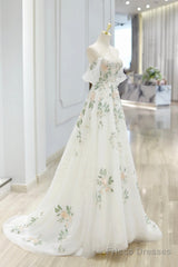 Beautiful Floral Lace Tulle Long Prom Dress, White Off The Shoulder Evening Party Dress