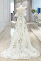 Beautiful Floral Lace Tulle Long Formal Prom Dress, White Off The Shoulder Formal Party Dress