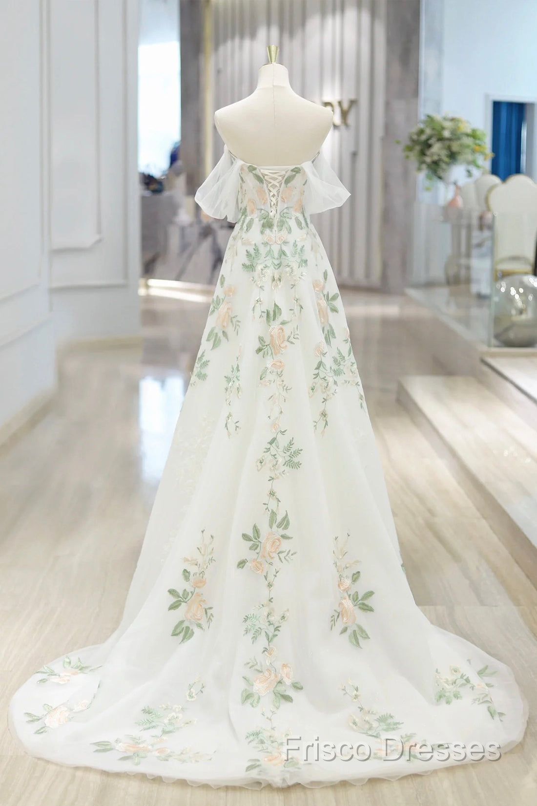 Beautiful Floral Lace Tulle Long Formal Prom Dress, White Off The Shoulder Formal Party Dress
