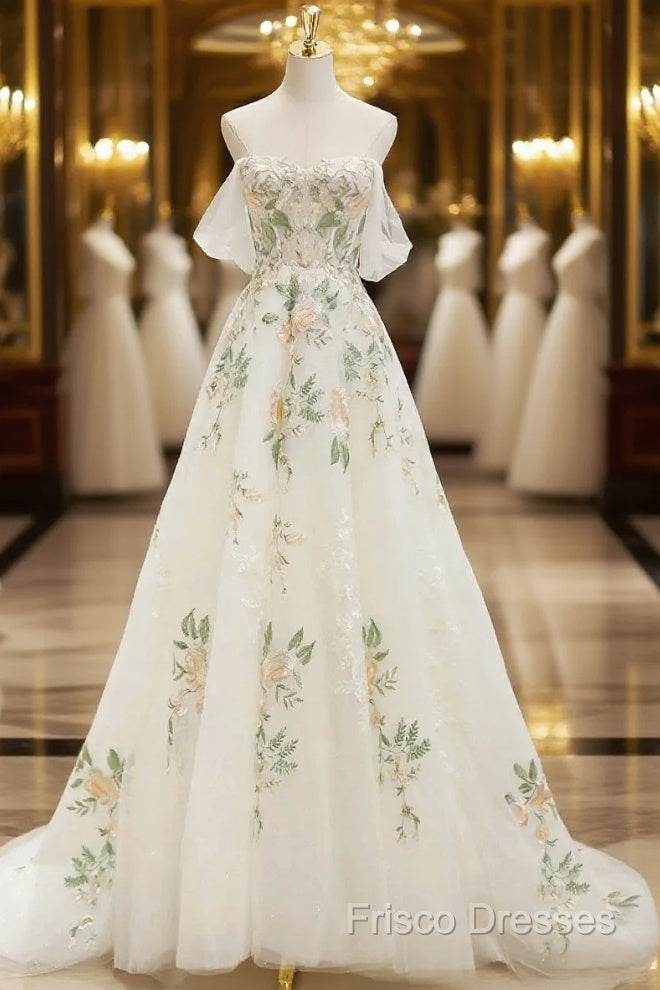 Beautiful Floral Lace Tulle Long Formal Prom Dress, White Off The Shoulder Formal Party Dress Main image