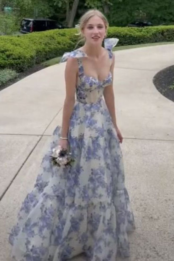 Beautiful Floral Print Chiffon Long Prom Dresses Evening Dress Main image