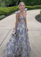 Beautiful Floral Print Chiffon Long Prom Dresses Evening Dress