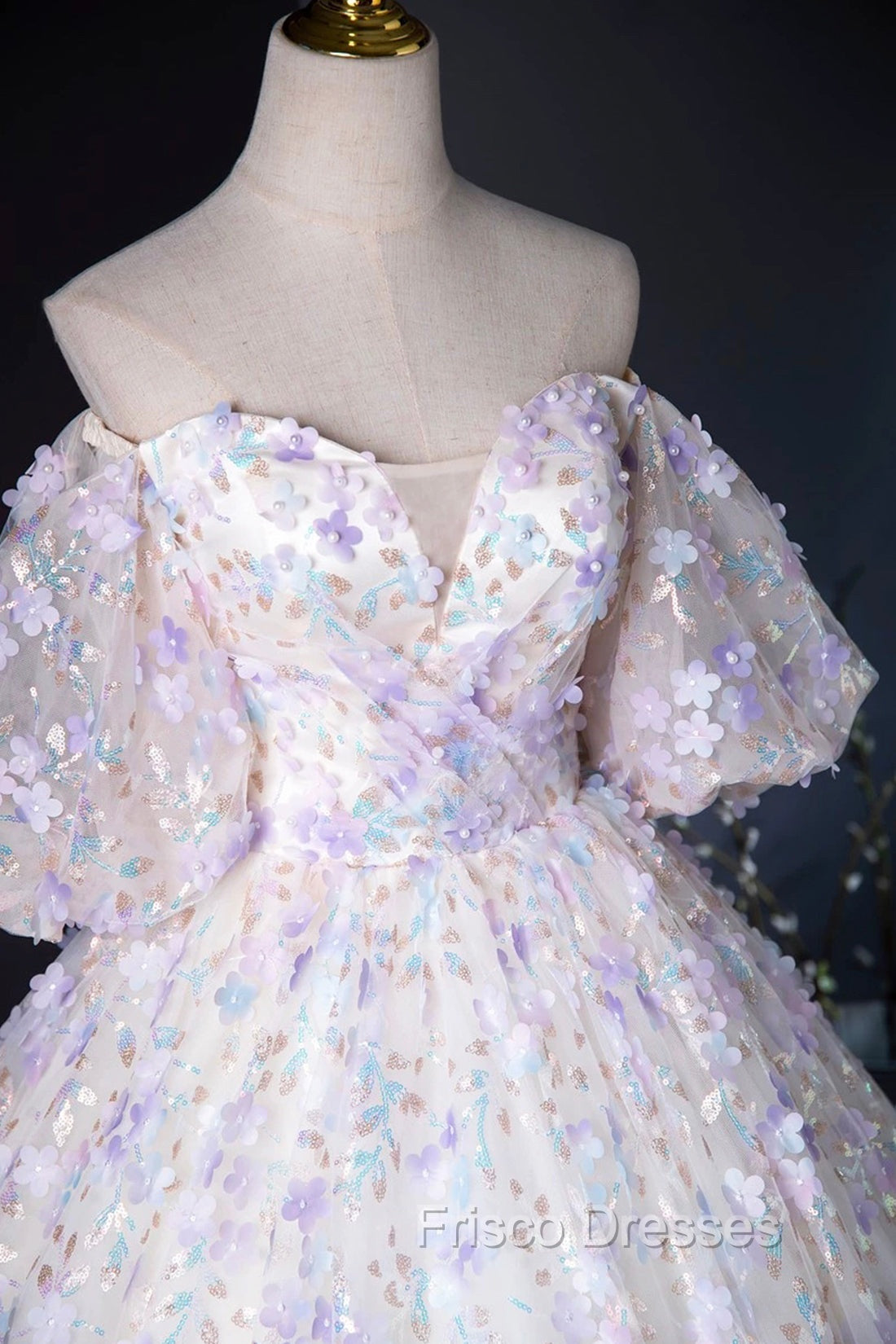 Beautiful Floral Tulle Pearl Sequins Formal Prom Dress, A-Line Puffy Short Sleeve Evening Party Dress Secondary image