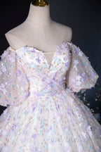 Beautiful Floral Tulle Pearl Sequins Formal Prom Dress, A-Line Puffy Short Sleeve Evening Party Dress