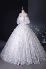 Beautiful Floral Tulle Pearl Sequins Formal Prom Dress, A-Line Puffy Short Sleeve Evening Party Dress