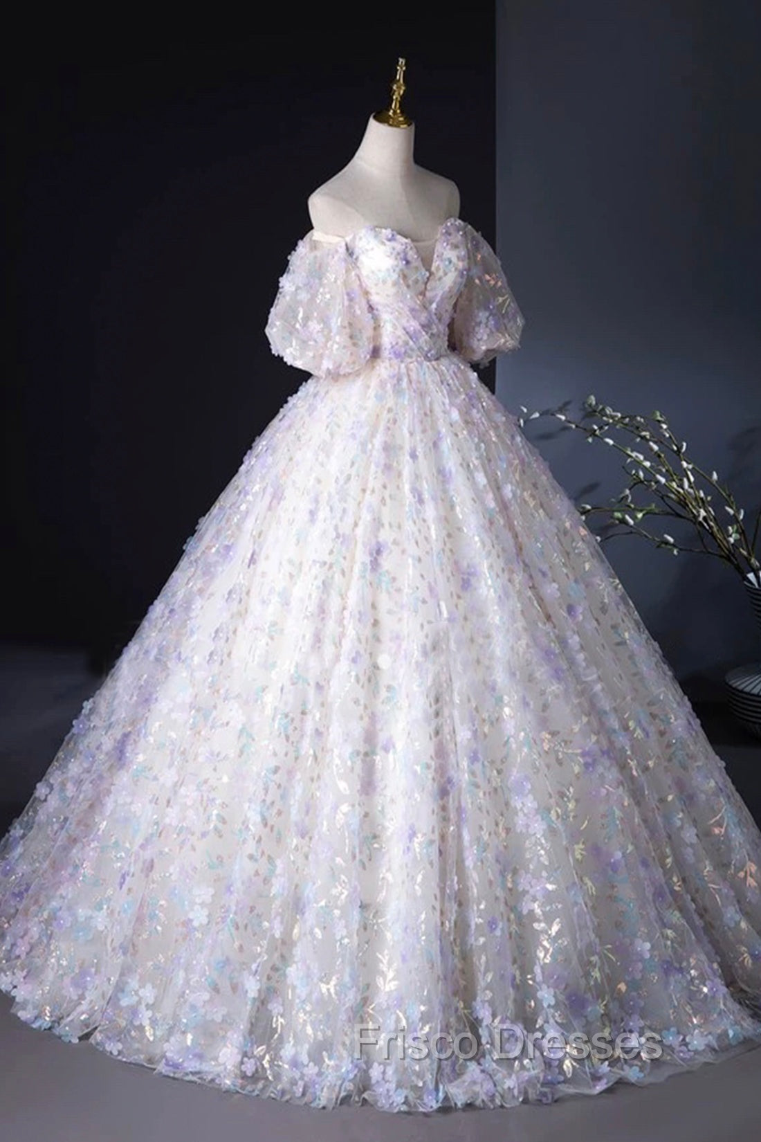 Beautiful Floral Tulle Pearl Sequins Formal Prom Dress, A-Line Puffy Short Sleeve Evening Party Dress
