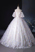 Beautiful Floral Tulle Pearl Sequins Formal Prom Dress, A-Line Puffy Short Sleeve Evening Party Dress