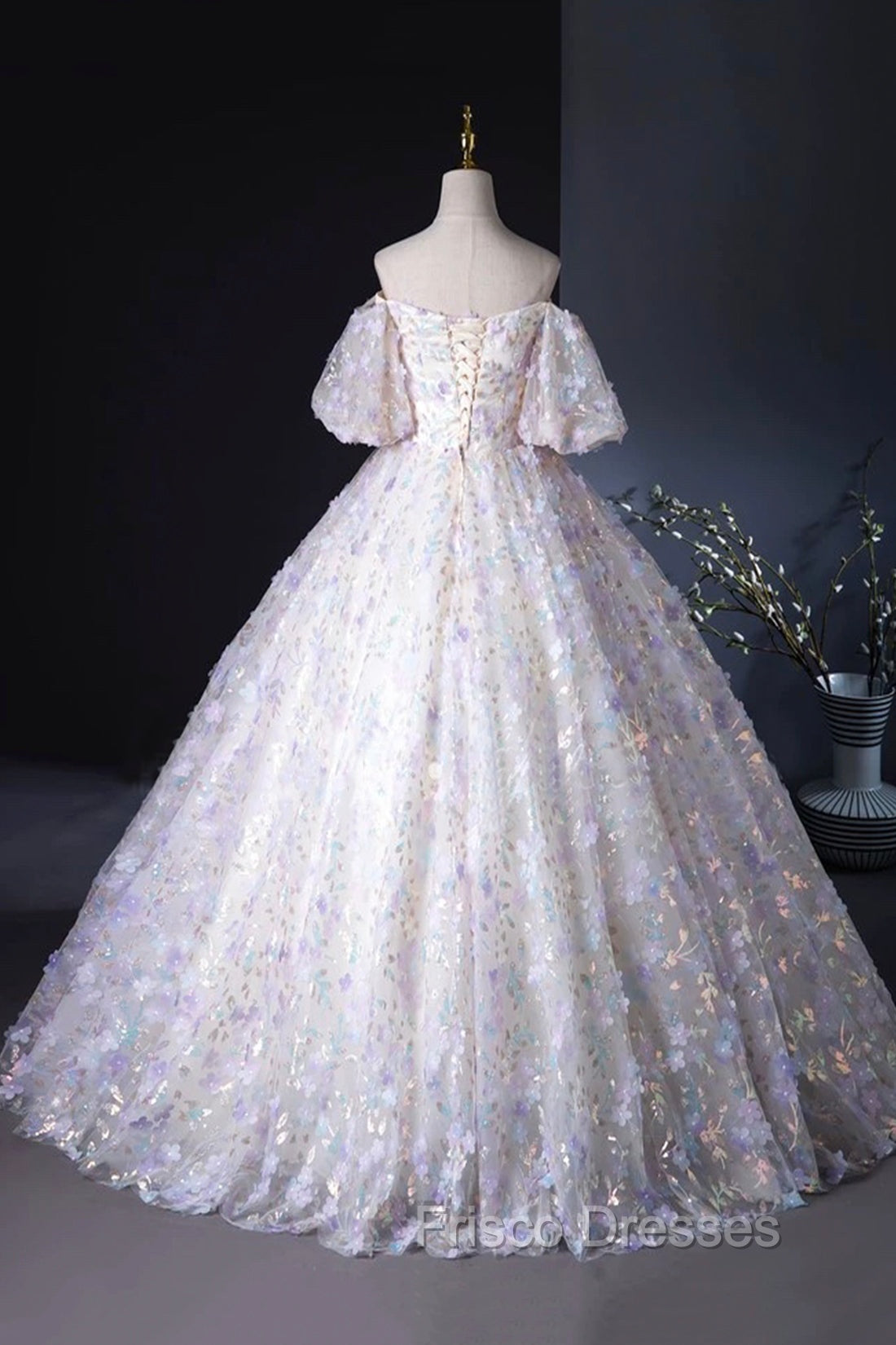 Beautiful Floral Tulle Pearl Sequins Formal Prom Dress, A-Line Puffy Short Sleeve Evening Party Dress