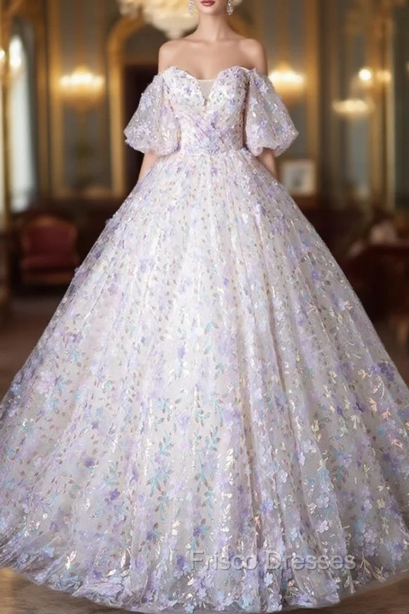 Beautiful Floral Tulle Pearl Sequins Formal Prom Dress, A-Line Puffy Short Sleeve Evening Party Dress Main image