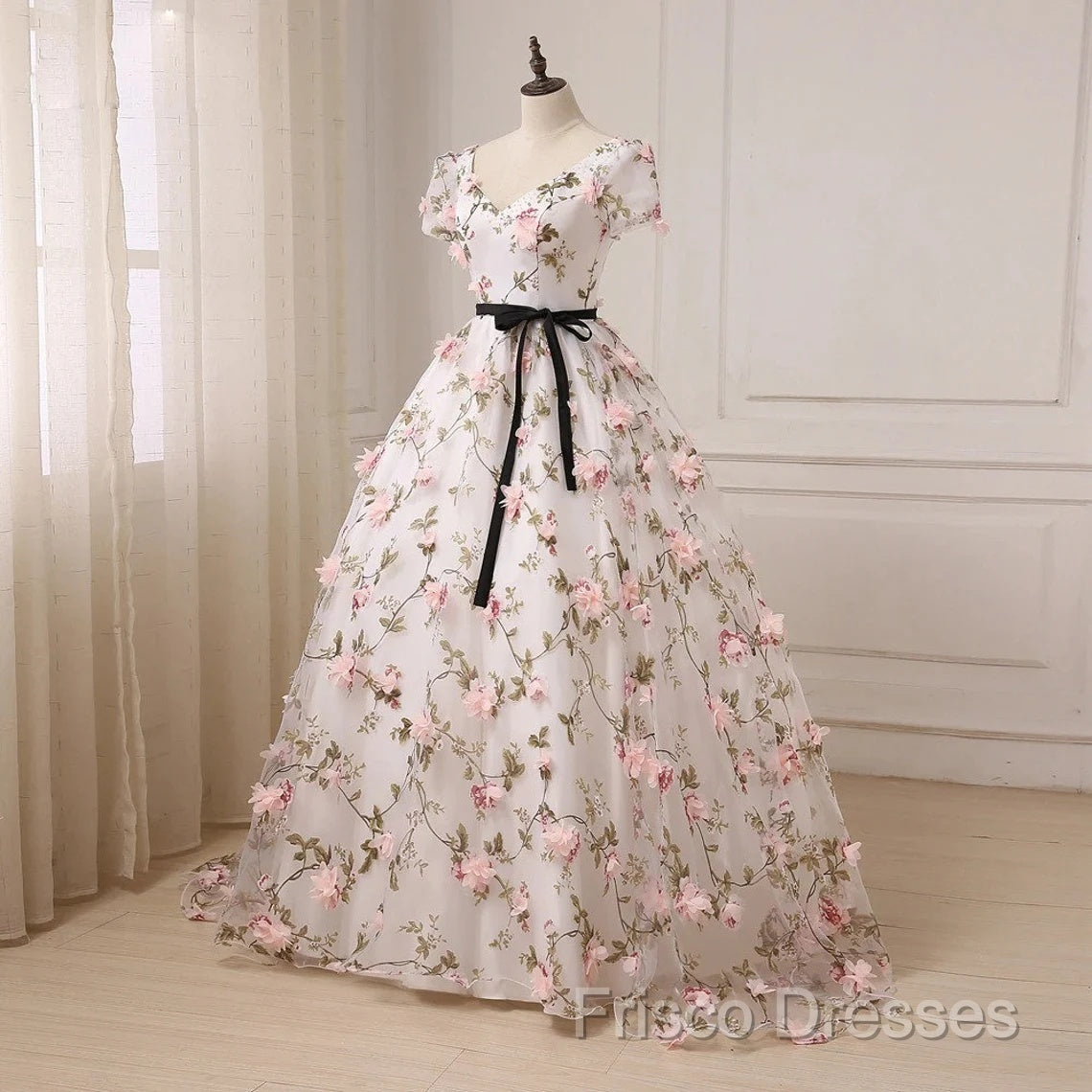 Beautiful Flowers Ball Gown Long Party Dress, Short Sleeves Formal Prom Dress Secondary image