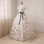 Beautiful Flowers Ball Gown Long Party Dress, Short Sleeves Formal Prom Dress