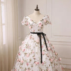 Beautiful Flowers Ball Gown Long Party Dress, Short Sleeves Formal Prom Dress
