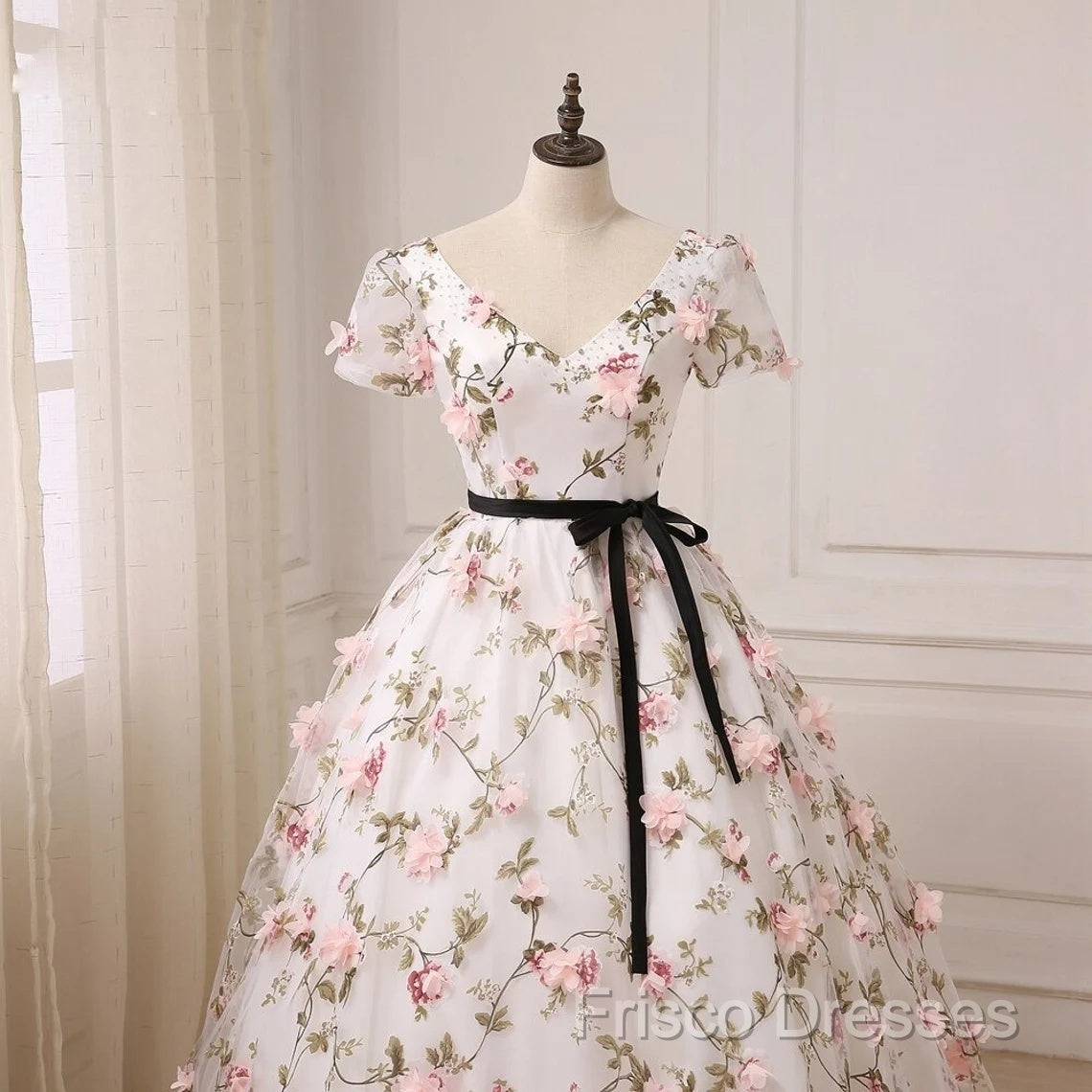 Beautiful Flowers Ball Gown Long Party Dress, Short Sleeves Formal Prom Dress