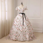 Beautiful Flowers Ball Gown Long Party Dress, Short Sleeves Formal Prom Dress