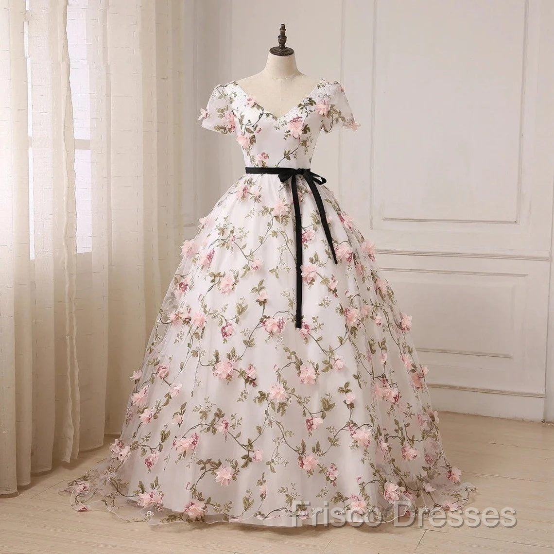 Beautiful Flowers Ball Gown Long Party Dress, Short Sleeves Formal Prom Dress