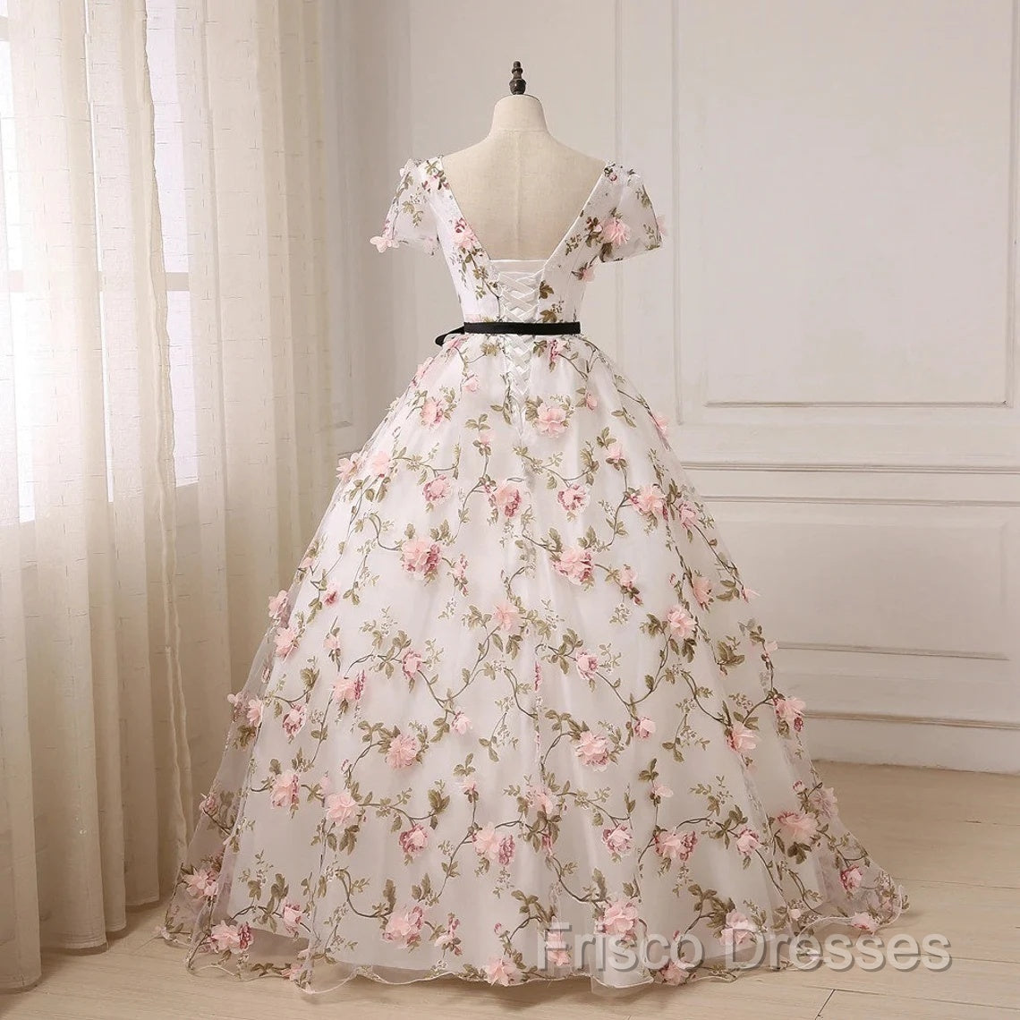 Beautiful Flowers Ball Gown Long Party Dress, Short Sleeves Formal Prom Dress
