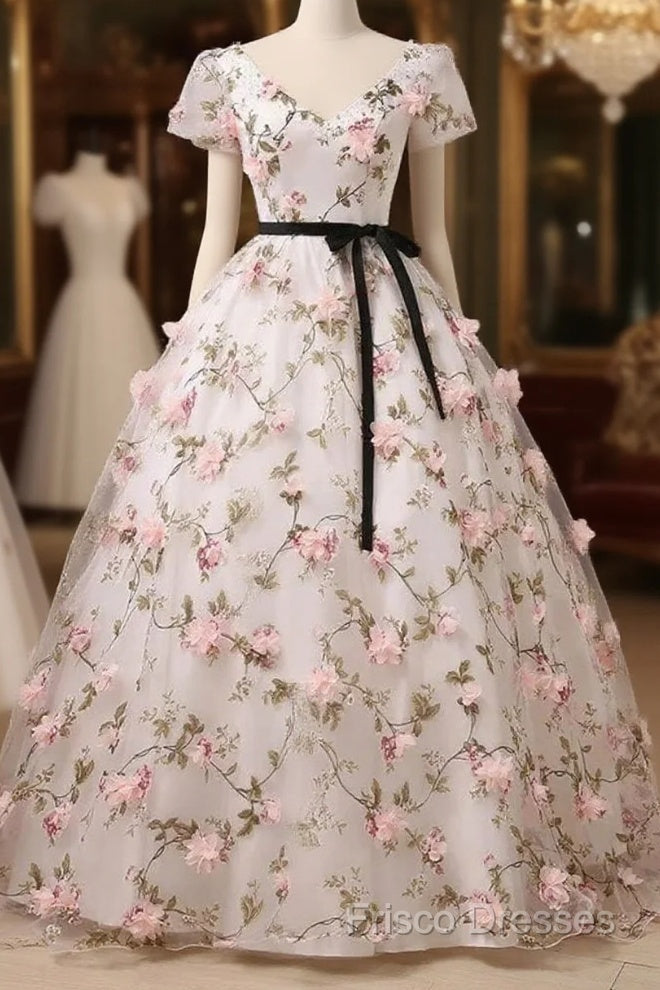 Beautiful Flowers Ball Gown Long Party Dress, Short Sleeves Formal Prom Dress Main image