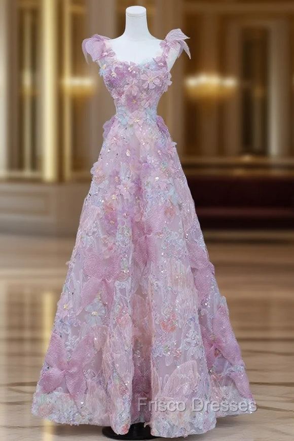 Beautiful Flowers Tulle Long Formal Dress, Purple Pink A-Line Evening Dress Main image