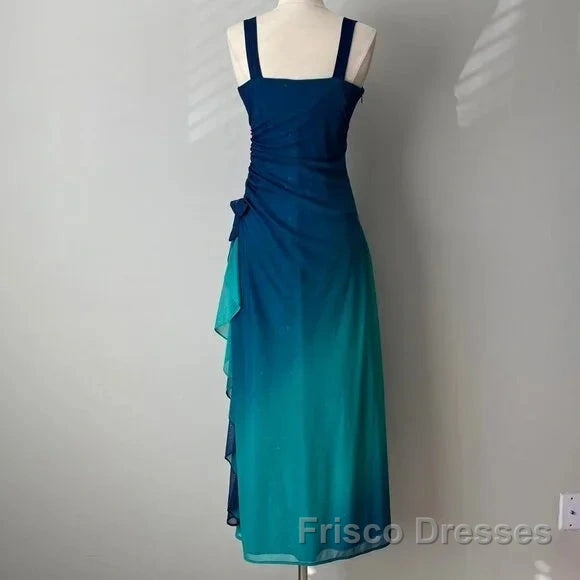 Beautiful Gradient Blue Glitter Chiffon Sweetheart Neck Formal Prom Dress Birthday Dress
