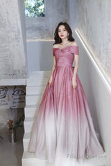 Beautiful Gradient Floor Length A-Line Prom Dress, Off The Shoulder Evening Party Dress