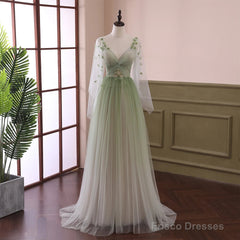Beautiful Gradient Tulle Green Beaded Long Sleeves Party Dress,Green Formal Dresses