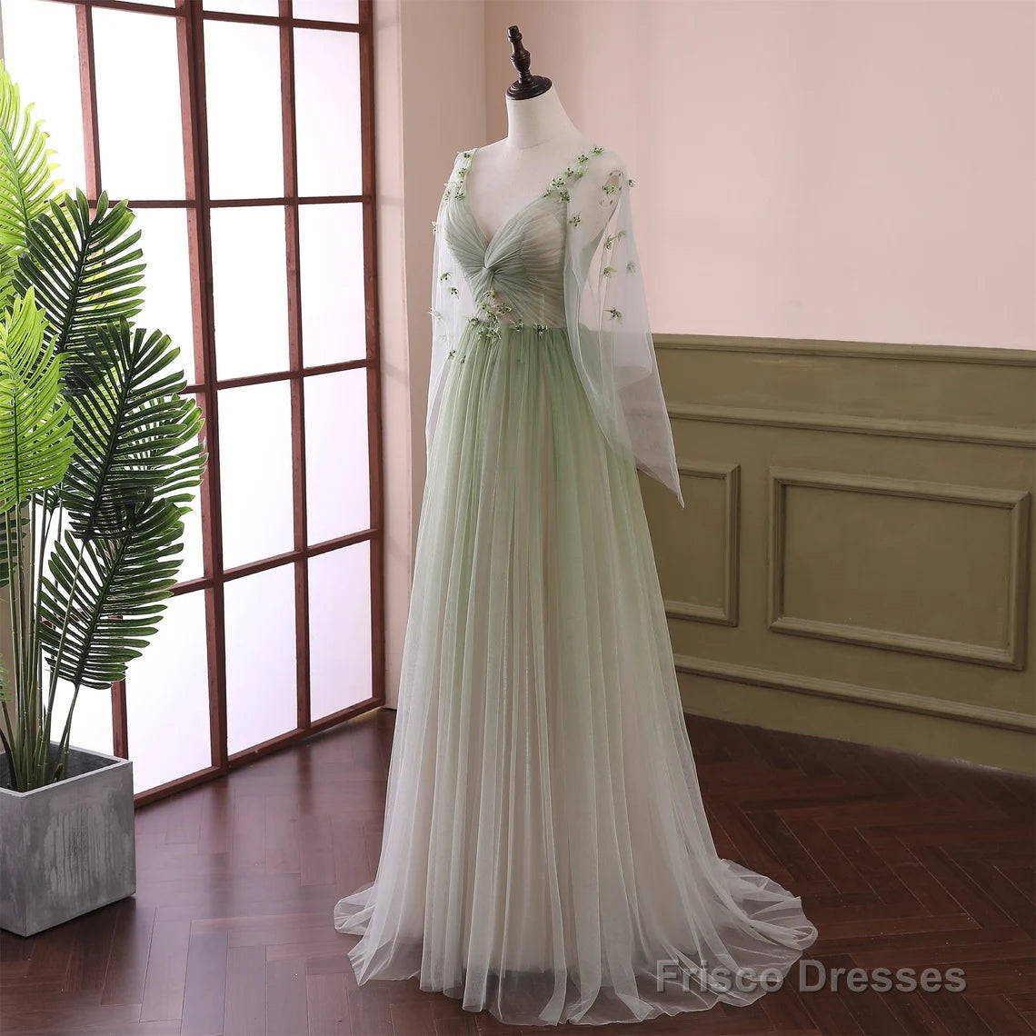 Beautiful Gradient Tulle Green Beaded Long Sleeves Party Dress,Green Formal Dresses Main image
