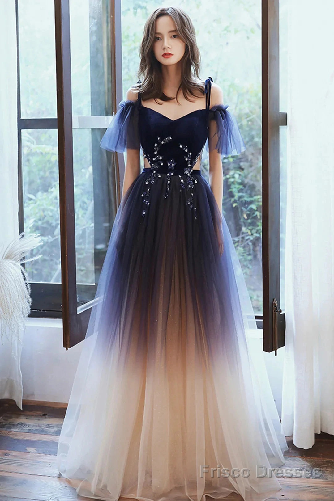 Beautiful Gradient Tulle Long Formal Dress, Blue Velvet And Lace Evening Graduation Dress Main image