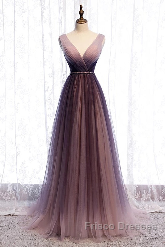 Beautiful Gradient V-Neckline Tulle Long Formal Prom Dress Party Dress, Gradient Evening Gown