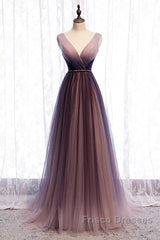 Beautiful Gradient V-Neckline Tulle Long Formal Prom Dress Party Dress, Gradient Evening Gown