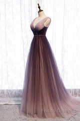 Beautiful Gradient V-Neckline Tulle Long Formal Prom Dress Party Dress, Gradient Evening Gown