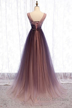 Beautiful Gradient V-Neckline Tulle Long Formal Prom Dress Party Dress, Gradient Evening Gown
