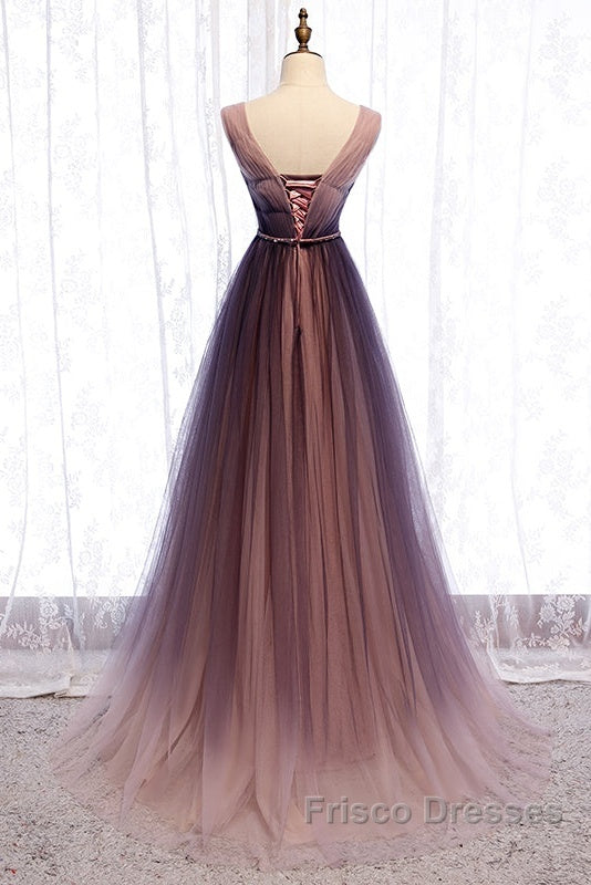 Beautiful Gradient V-Neckline Tulle Long Formal Prom Dress Party Dress, Gradient Evening Gown