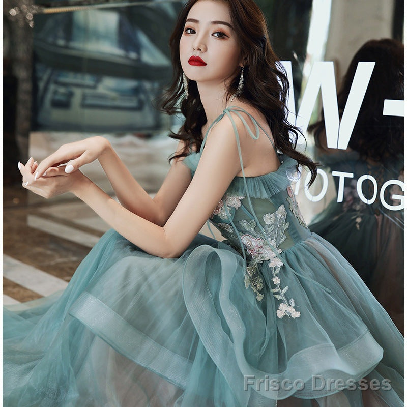 Beautiful Green And Pink Tulle Straps Long Party Dress Prom Dress, A-Line Formal Dress