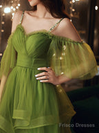 Beautiful Green Beaded Straps Short Formal Dresses, Green Evening Dresses