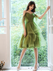 Beautiful Green Beaded Straps Short Formal Dresses, Green Evening Dresses