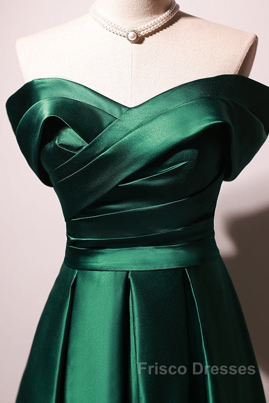 Beautiful Green Satin A-Line Off Shoulder Formal Prom Dress, Green Evening Dress Party Dress