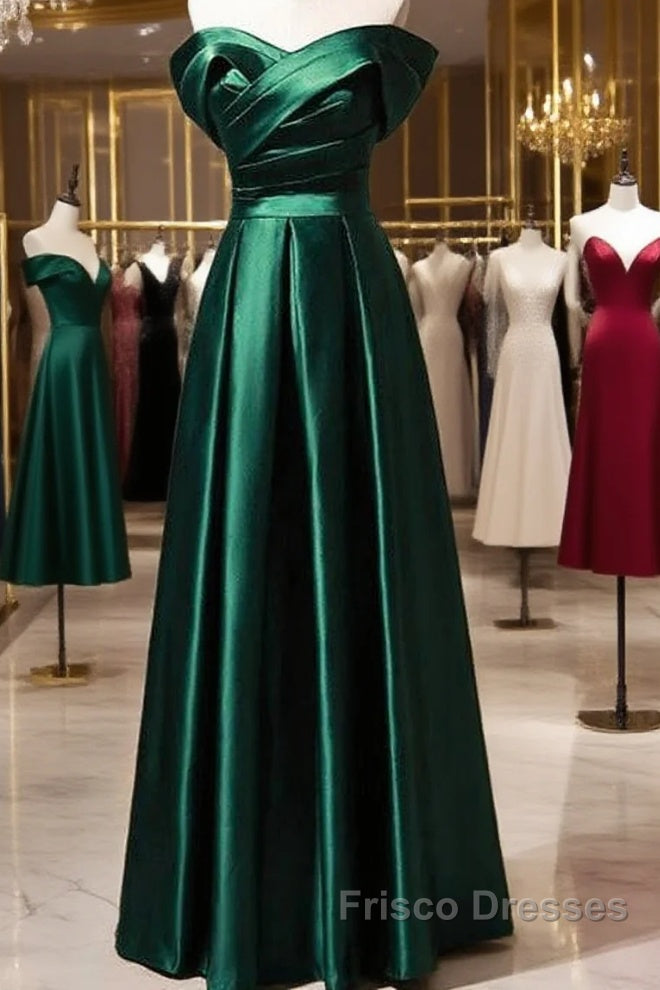 Beautiful Green Satin A-Line Off Shoulder Formal Prom Dress, Green Evening Dress Party Dress Main image