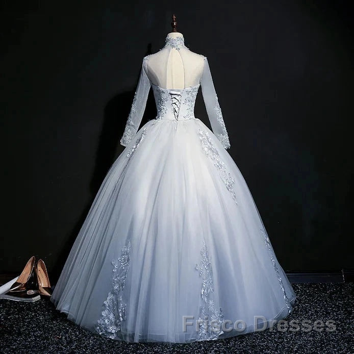 Beautiful Grey A-Line Long Sleeves With Lace Party Gown Sweet 16 Dress Formal Prom Dress Secondary image