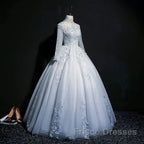 Beautiful Grey A-Line Long Sleeves With Lace Party Gown Sweet 16 Dress Formal Prom Dress