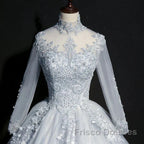 Beautiful Grey A-Line Long Sleeves With Lace Party Gown Sweet 16 Dress Formal Prom Dress