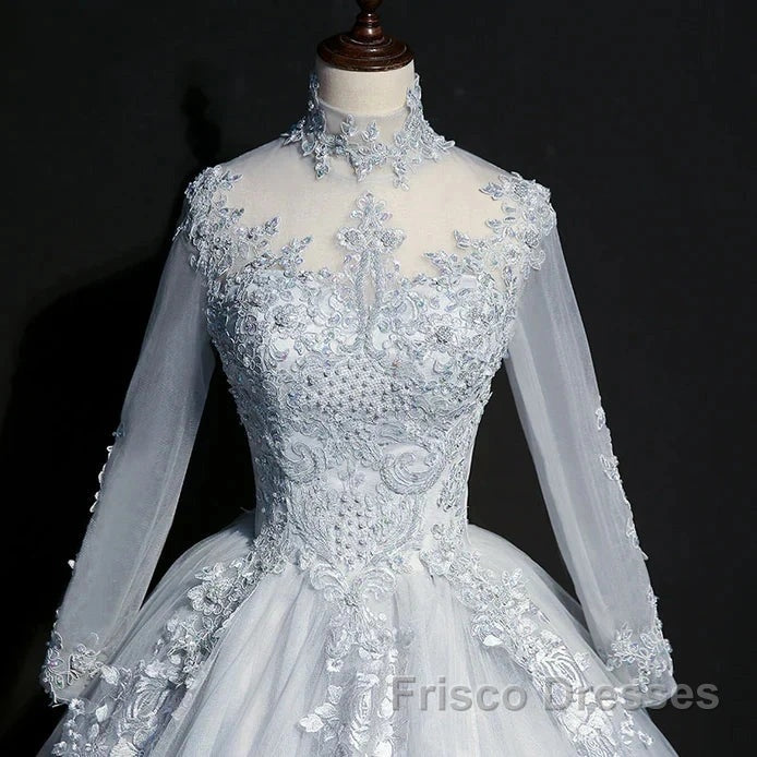 Beautiful Grey A-Line Long Sleeves With Lace Party Gown Sweet 16 Dress Formal Prom Dress