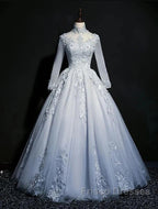 Beautiful Grey A-Line Long Sleeves With Lace Party Gown Sweet 16 Dress Formal Prom Dress
