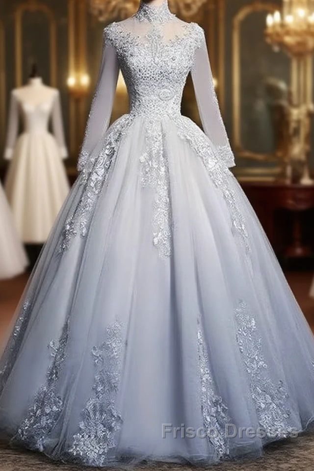 Beautiful Grey A-Line Long Sleeves With Lace Party Gown Sweet 16 Dress Formal Prom Dress Main image