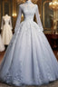 Beautiful Grey A-Line Long Sleeves With Lace Party Gown Sweet 16 Dress Formal Prom Dress