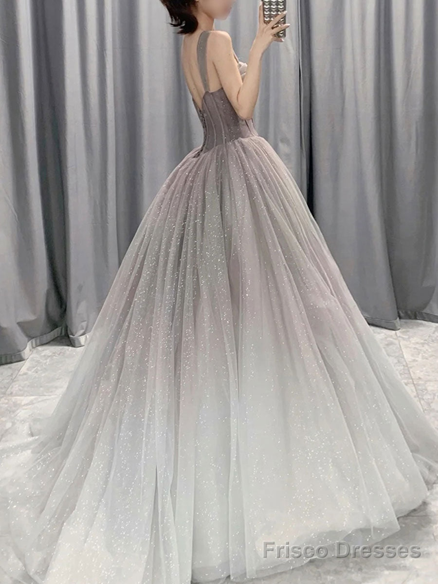 Beautiful Grey Gradient Straps Tulle Long Formal Gown, Tulle Prom Dresses Secondary image
