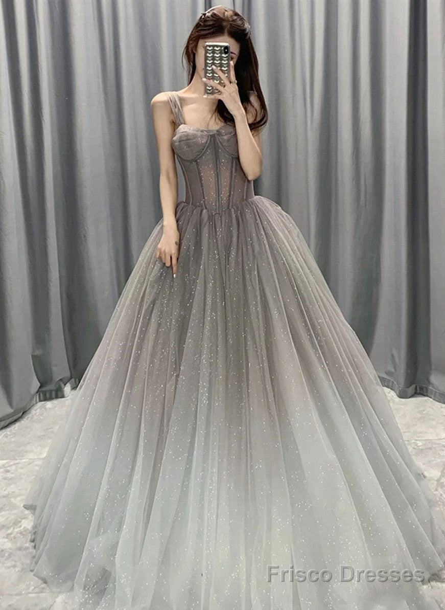 Beautiful Grey Gradient Straps Tulle Long Formal Gown, Tulle Prom Dresses Main image